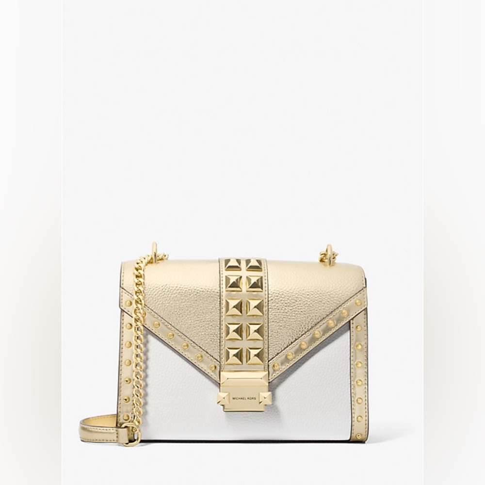 NWT Michael Kors Whitney Medium Studded Metallic Shoulder Bag Pale Gold White